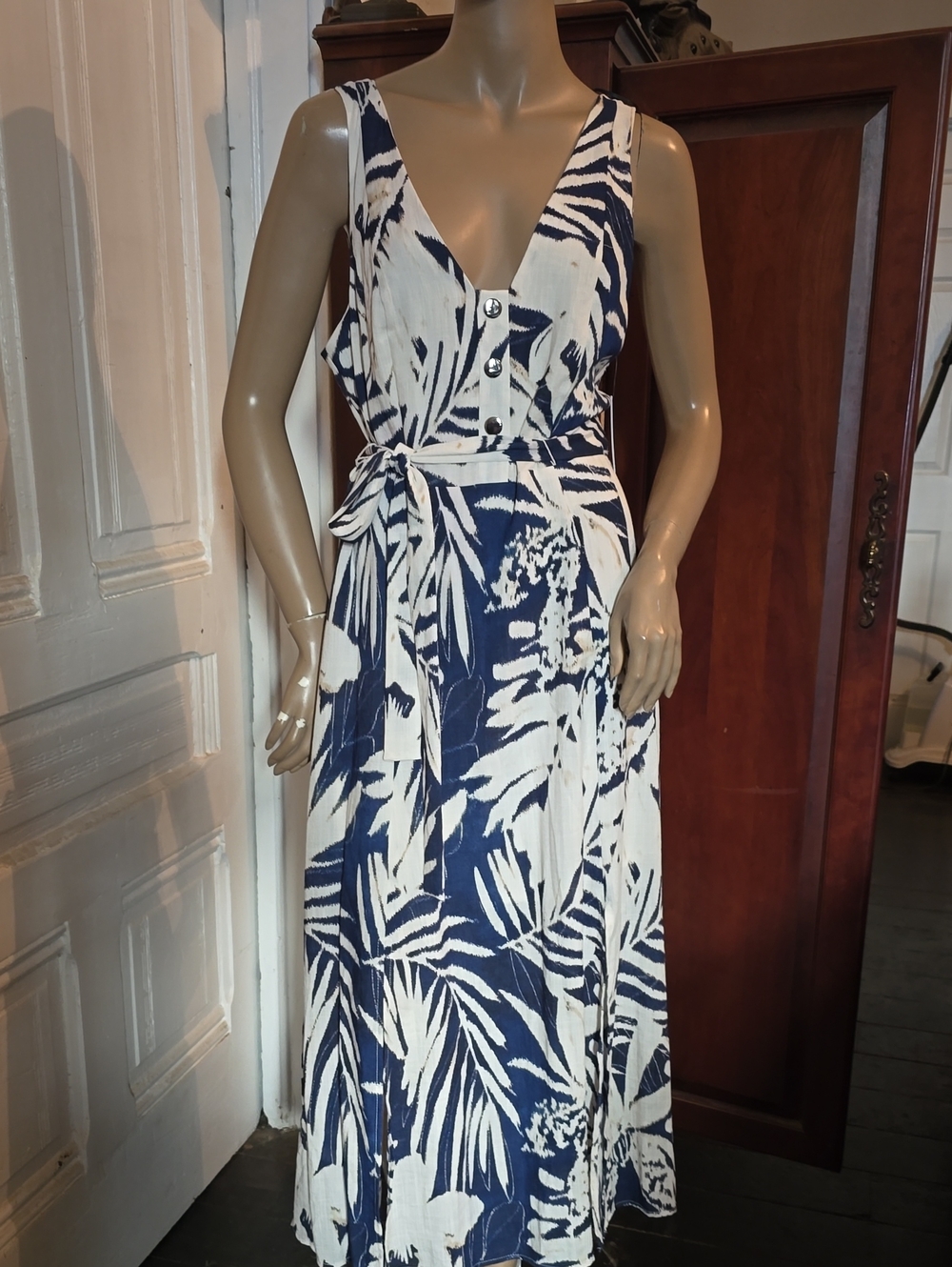 DKNY Navy and White Tropical Print Tie-Waist Maxi Dress